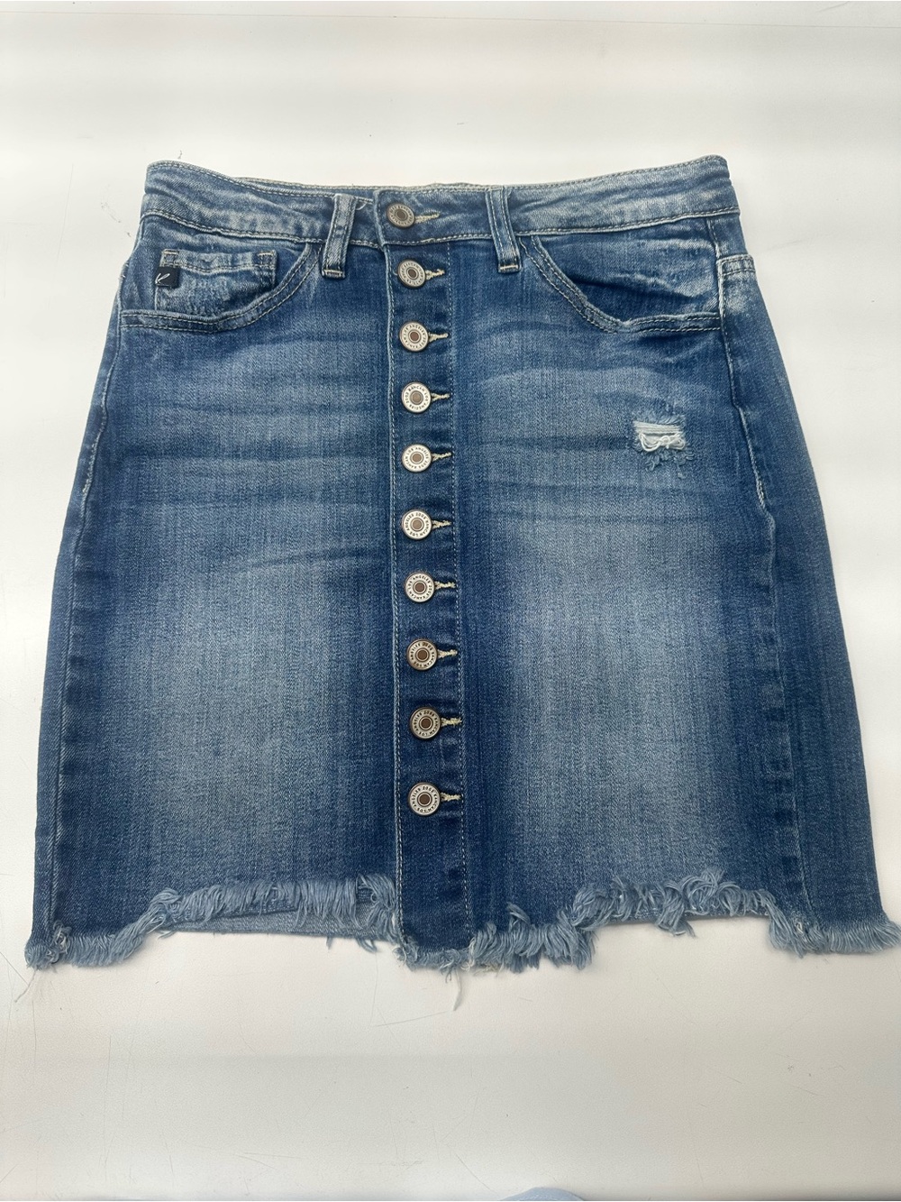 KanCan Button-Front Distressed Denim Skirt - Blue- Small